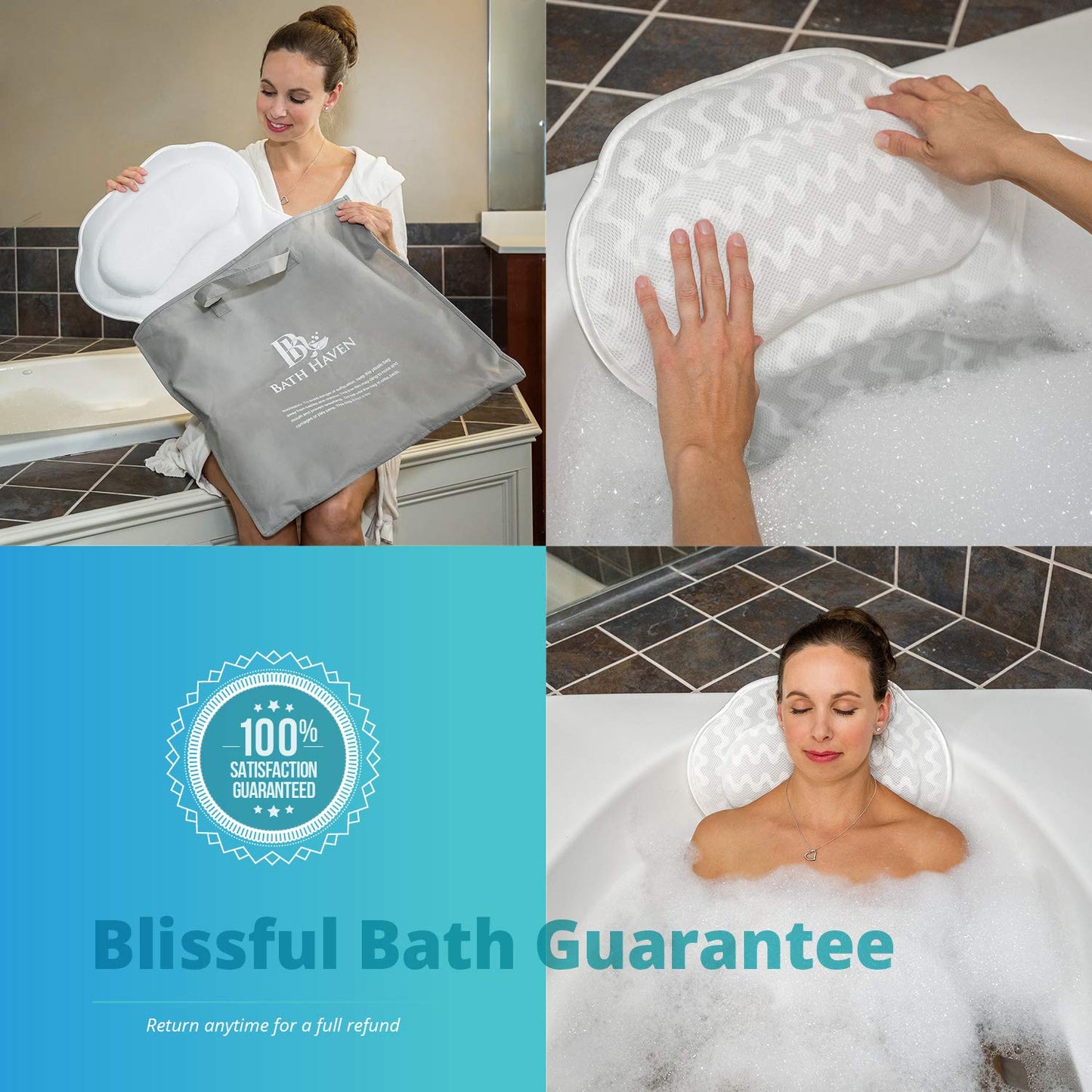 Bath Pillow for Tub, Luxury Bathtub Pillow Head and Neck Support, Relaxing Spa Cushion Head Rest for Tub, Bathtub Accessories for Women and Men with Quick Drying 3D Air Mesh Portable Washable