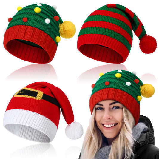 Funtery 3 Pcs Christmas Knitted Santa Hats Elf Hat Crochet Christmas Beanie Xmas Party Caps for Adults Women Men(Mixed Style)
