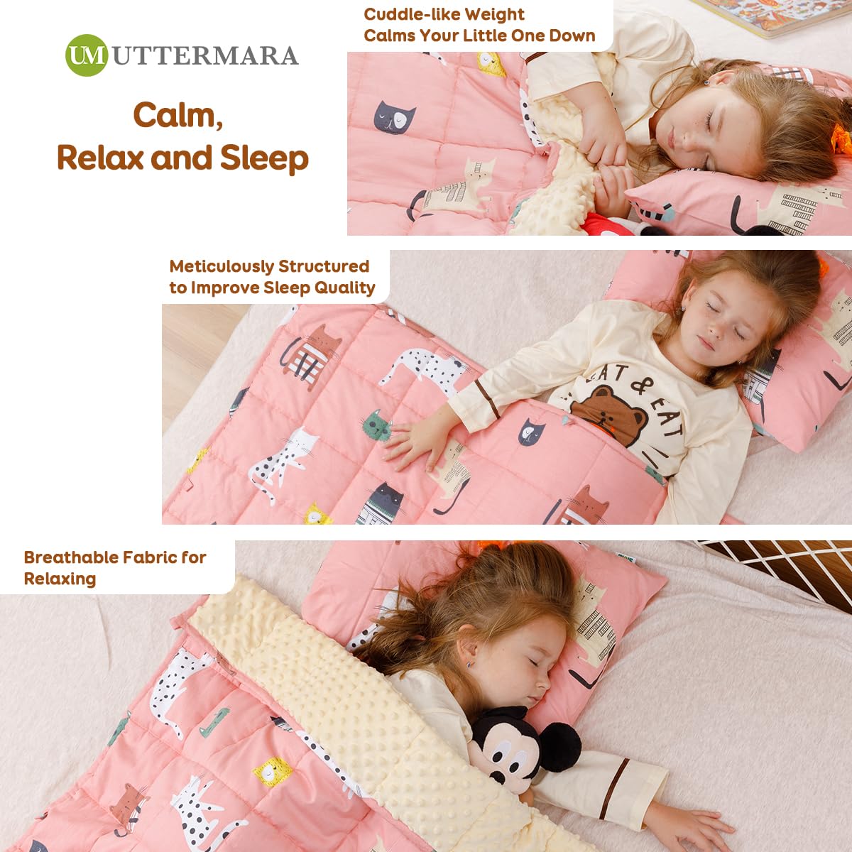 Uttermara Weighted Blanket 3 lbs, Ultra Cozy Minky Fleece and Cotton Sided with Cartoon Patterns, Reversible Heavy Blanket Great for Calming and Sleeping, 36x48 inches, Pink Cat
