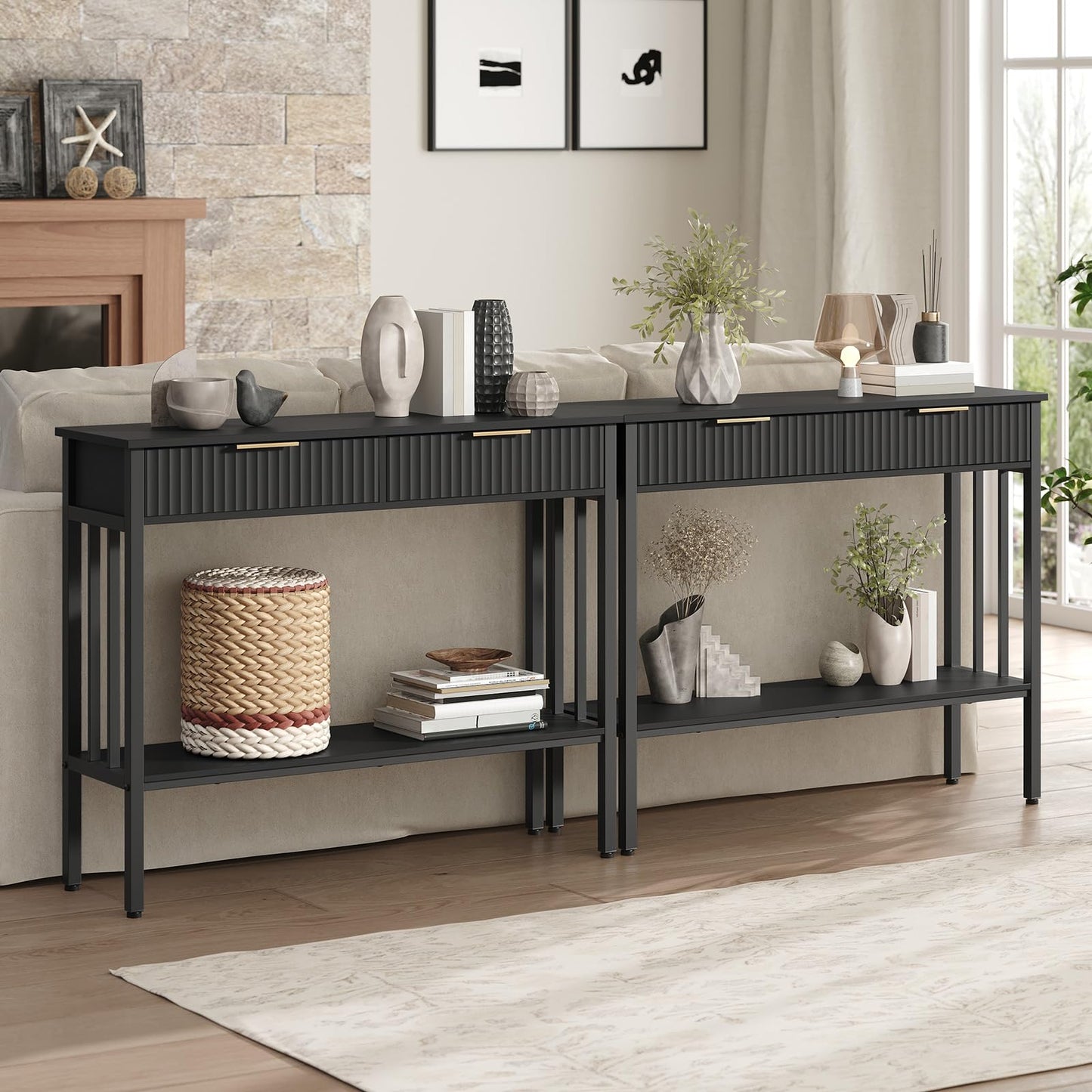 MAHANCRIS Console Table, Narrow Long Entry Table with Storage Shelf, 2-Tier Fluted Entryway Table with 2 Drawers, for Entryway, Living Room, Foyer, Hallway, Office, Black CTHB5101