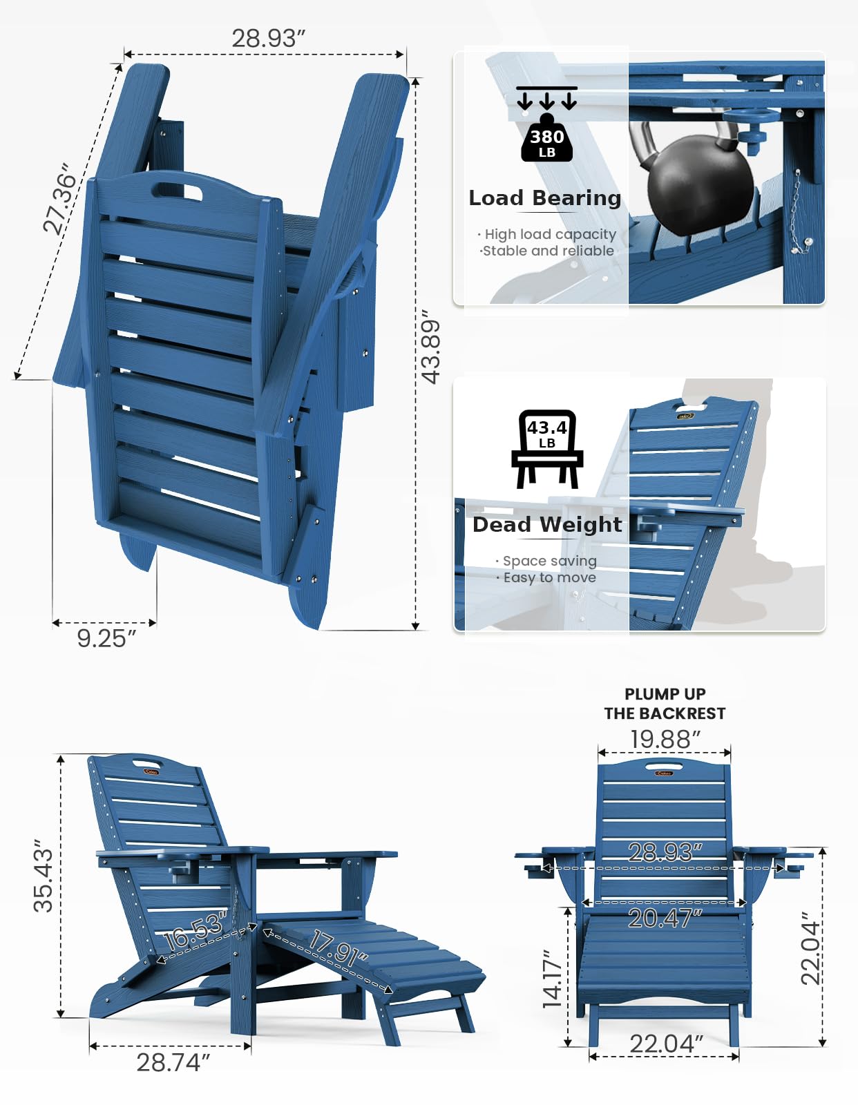 Ciokea Folding Adirondack Chair Set of 2 with Retractable Ottoman Fire Pit Patio Chair with Pull Out Foot Rest Weather Resistant Lawn Outdoor Chair with 2 Cup Holder (Navy Blue)