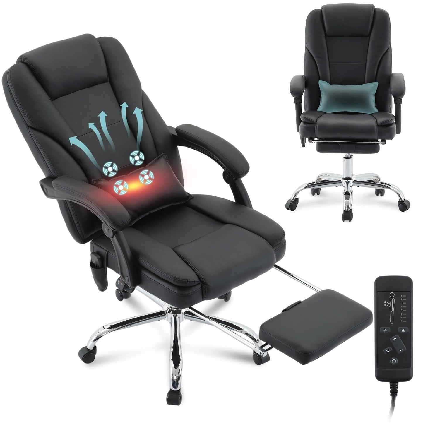 Executive Office Chair with Massage & Heat, Comfy Reclining Ergonomic PU Leather Home Gaming Chair, Wide Seat Heavy Duty Big and Tall Office Chairs 500LBS with Foot Rest & Lumbar Support Pillow, Black