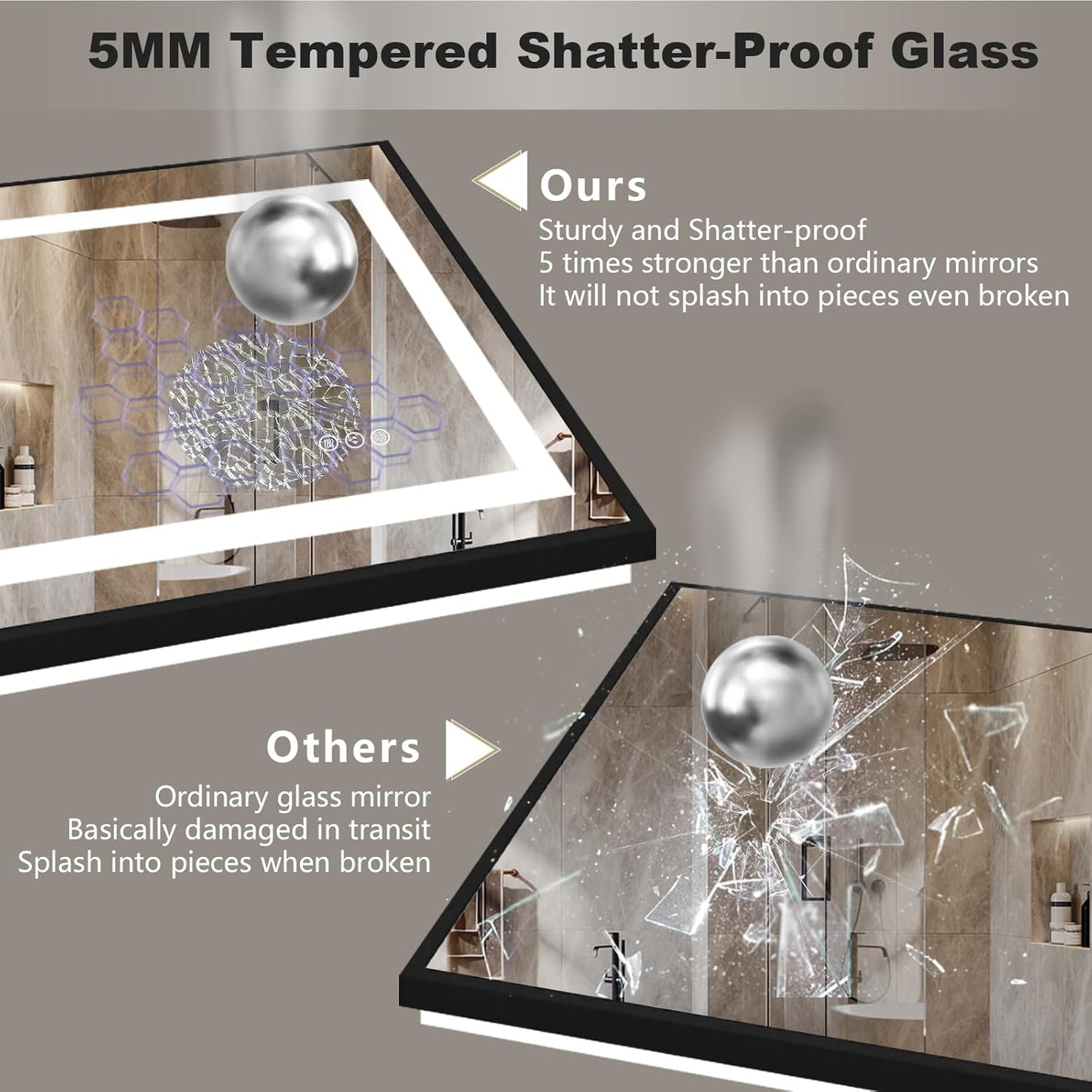OKPAL 68x36 Black LED Bathroom Mirror with Lights, Frontlit & Backlit LED Mirror for Bathroom, Lighted Bathroom Vanity Mirror, Anti-Fog, Dimmable 3 Colors, Shatterproof, Horizontal/Vertical