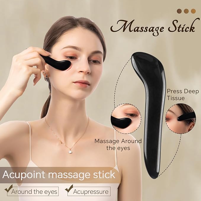 Natural Jade & Obsidian Gua Sha Set of 4 - Premium Face Sculpting Tools Eyes Roller Massager Jade Roller for Jawline, Double Chin Reduction & Lymphatic Drainage Women's Anti-Aging Skincare Kit