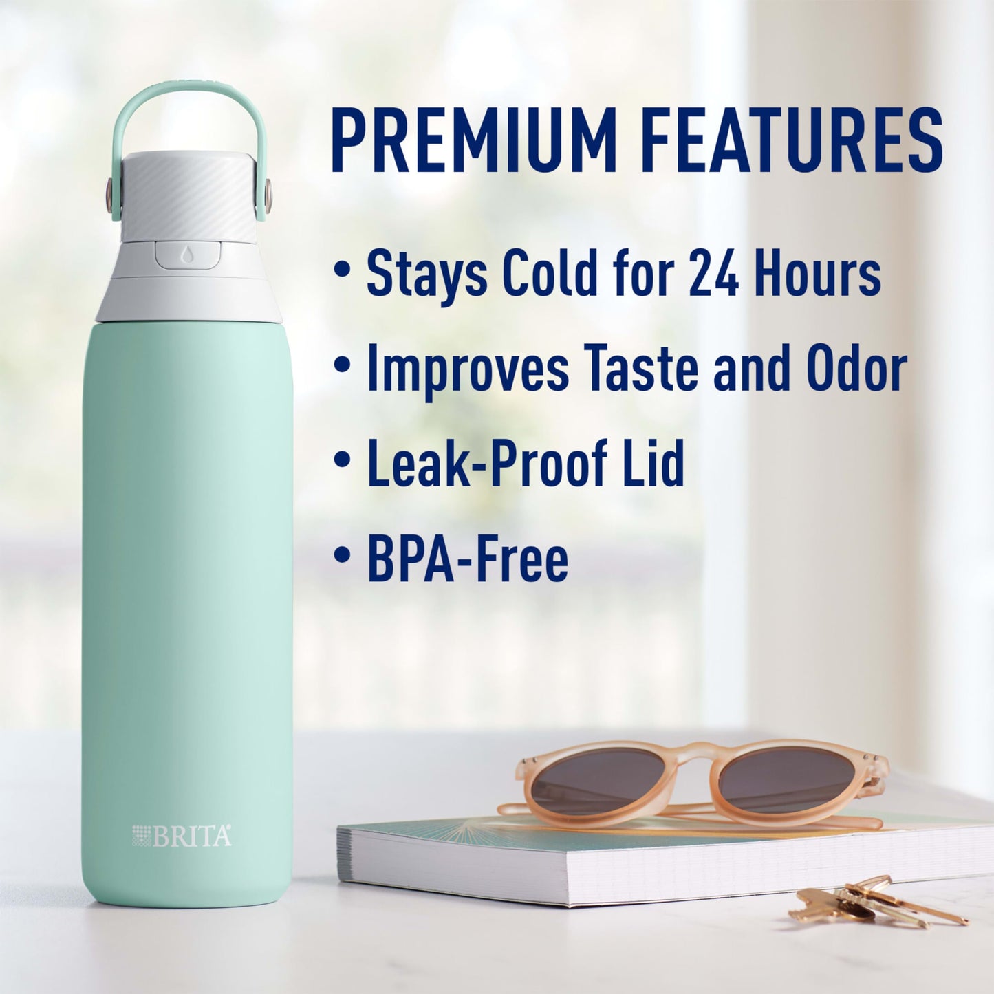 Brita Insulated Filtered Water Bottle with Straw, Reusable, Christmas Gift and Stocking Stuffer For Men and Women, Stainless Steel Metal, Glacier, 20 Ounce