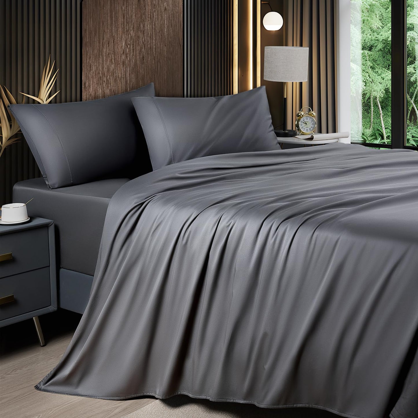 Shilucheng 4 Piece Queen Sheet Sets, Cooling Sheets, Blend Rayon Derived from Bamboo, Deep Pocket Up to 16", Breathable & Soft Bed Sheets, Hotel Silky Bedding Set, Dark Grey