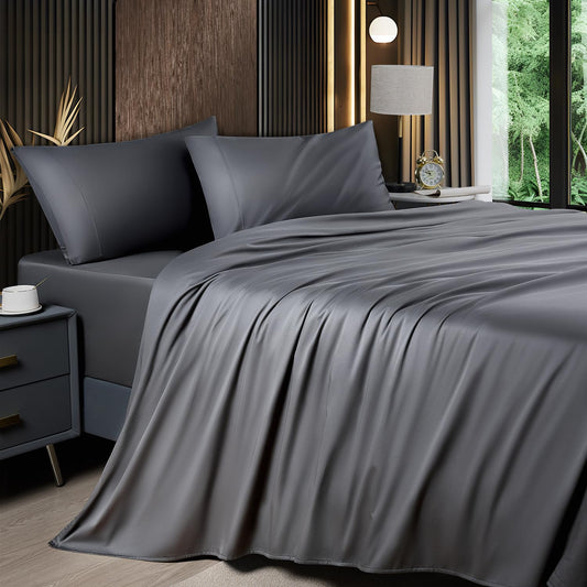Shilucheng 4 Piece Queen Sheet Sets, Cooling Sheets, Blend Rayon Derived from Bamboo, Deep Pocket Up to 16", Breathable & Soft Bed Sheets, Hotel Silky Bedding Set, Dark Grey