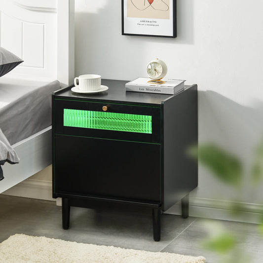 CLIPOP Led Nightstand, Bedside Table with Drawer, Solid Wood Legs, Fluted Glass Night Stand for Bedroom, Living Room, Small Space, Black