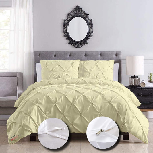 eBeddy Linens Pinch Pleated Pintuck Duvet Cover Set Queen Size 90x90 Inch 100% Cotton Soft and Breathable 3 Pieces (1 Duvet Cover & 2 Pillow Shams) Zipper Closure & Corner Ties, Ivory