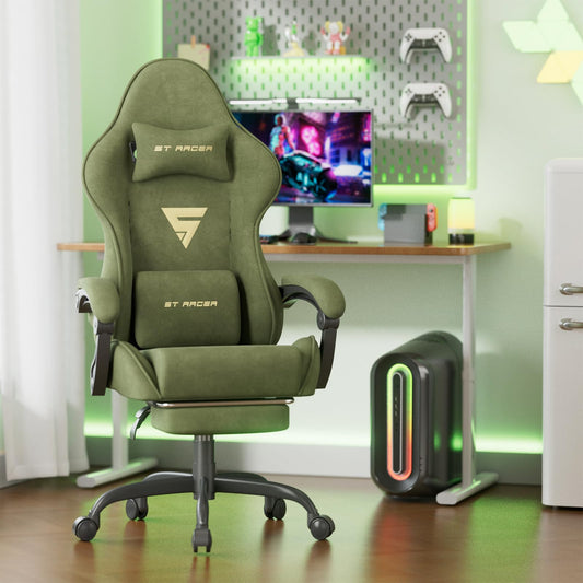 Soontrans Velvet Fabric Gaming Chair with Footrest, Comfortable Video Gamer Chair for Adult, Ergonomic Office Computer Desk Game Chairs with Massage Lumbar Cushion,Headrest