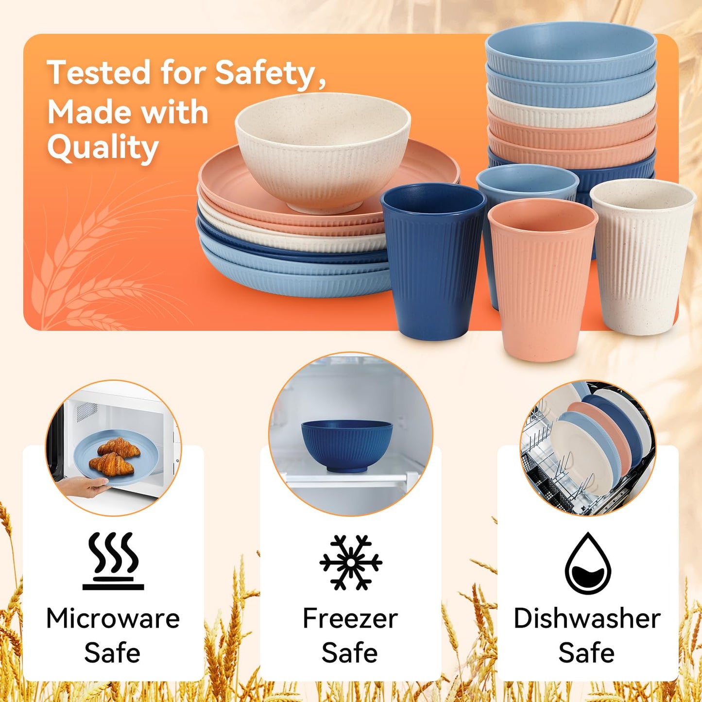 Wheat Straw Dinnerware Sets,64-Piece Black Plates and Bowls Sets for 8-Unbreakable,Reusable Plastic Dish Set-Dinner Plate/Dessert Plate/Cereal Bowl/Cup/Utensils-Microwavable Dishwasher Safe 64P-BLACK