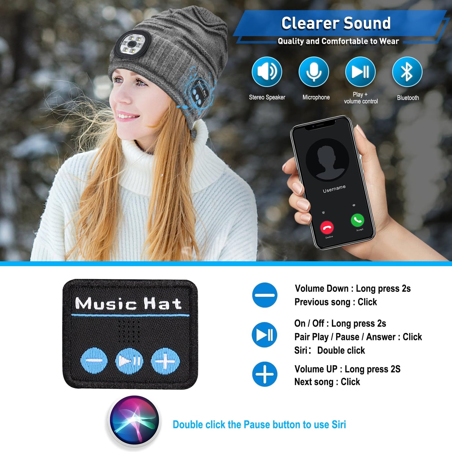 ZOOI Stocking Stuffers for Adults Men Gifts for Mens Bluetooth Beanie for Men, Mens Gifts for Christmas Him Dad Cool Gadgets Grey