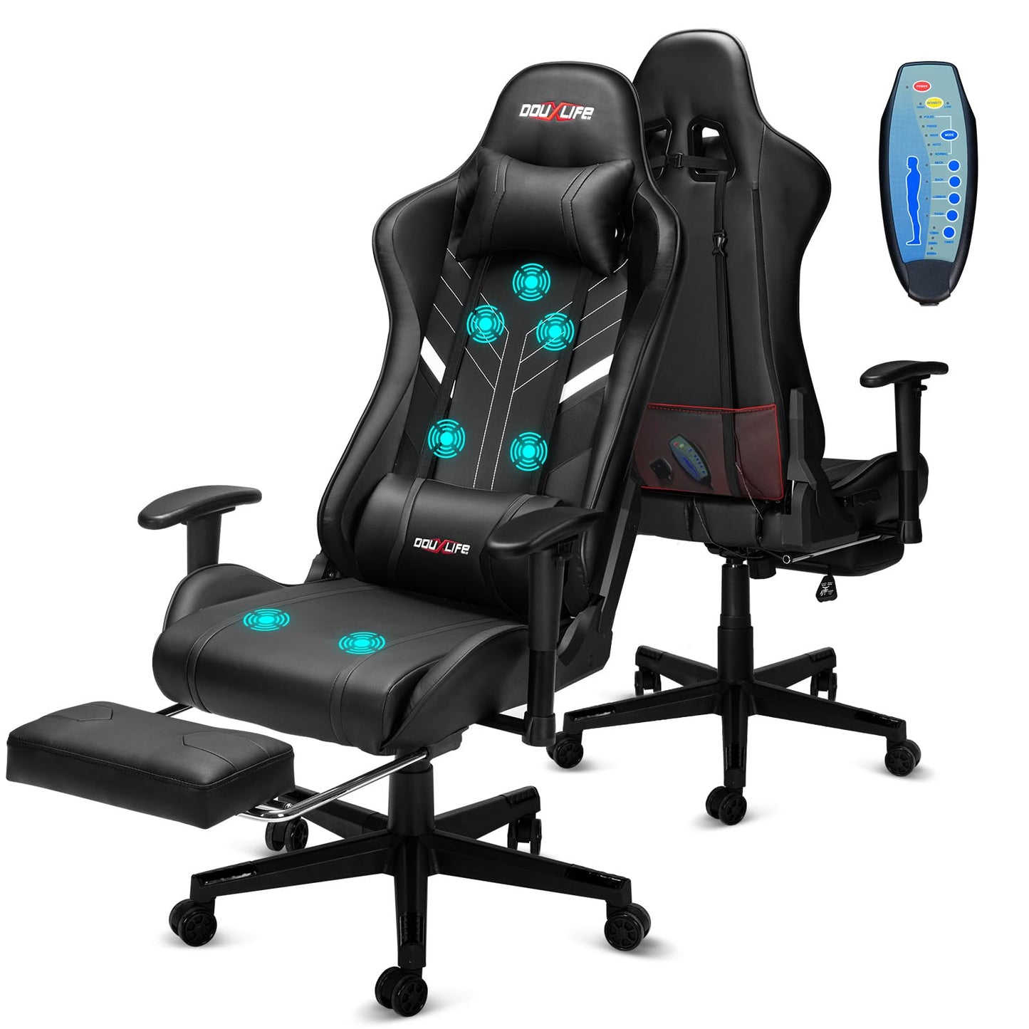 Computer Gaming Chair with Footrest & 7-Point Massage – Height Adjustable Ergonomic Office Chair for Adults, 360° Swivel Racing Style with Adjustable Armrests, Headrest, Lumbar Support (Black)