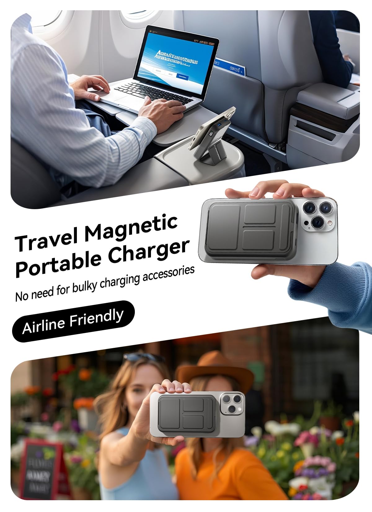 Gxorul Magnetic Portable Charger, 10000mAh Wireless Power Bank with 20W USB-C Fast Charging, Foldable Stand & LED Display Magnetic Battery Pack, Compatible with iPhone 16/15/14/13/12 All Series