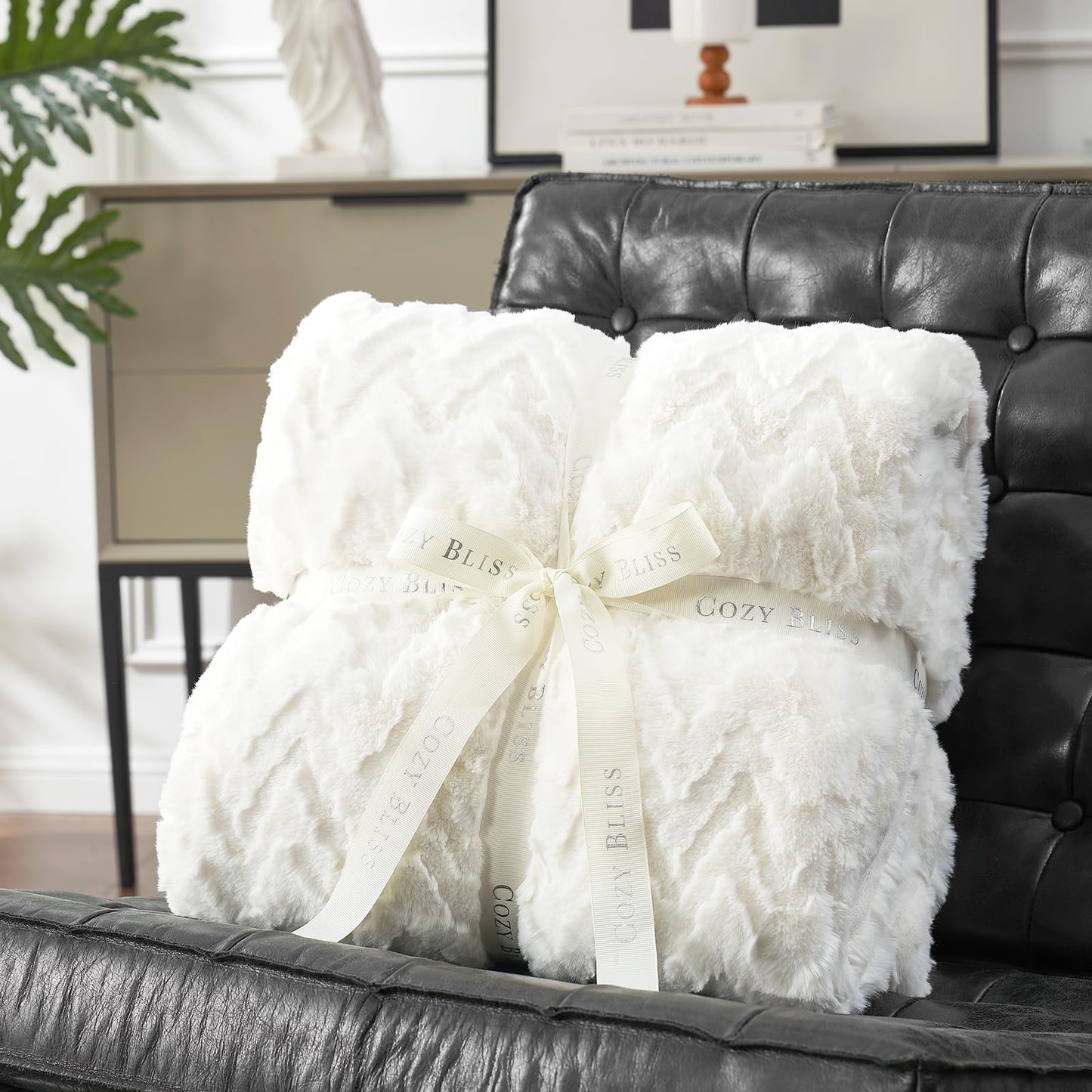 Cozy Bliss Faux Fur Throw Blanket for Couch - Ultra Soft Fuzzy Cozy Throw Gift Blankets for Women,Cream White Boho Blanket for Sofa Bedroom Living Room.50 * 60 Inches