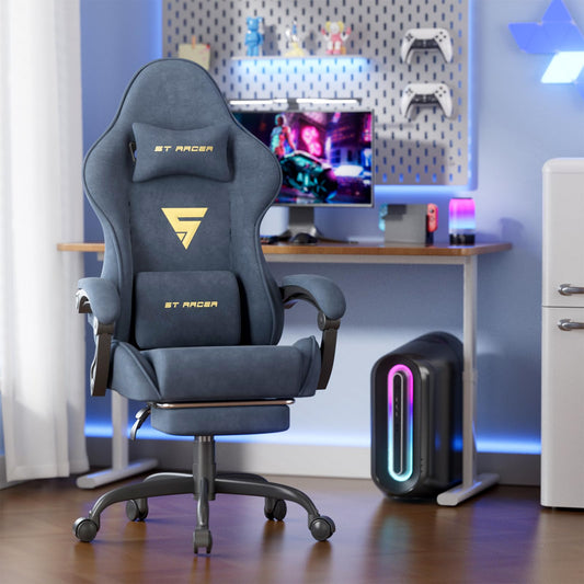 Soontrans Velvet Fabric Gaming Chair with Footrest, Comfortable Video Gamer Chair for Adult, Ergonomic Office Desk Game Computer Chairs with Massage Lumbar Cushion,Headrest