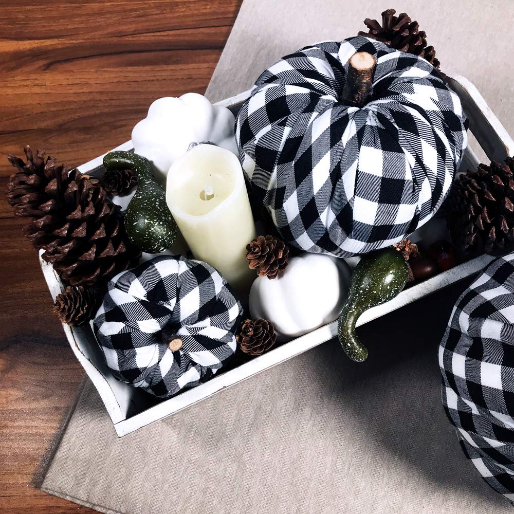 Package of 3 Assorted Burlap Pumpkins Fabric Pumpkins Buffalo Plaid Pumpkins Gingham Fabric Pumpkins Fall Thanksgiving Halloween Seasonal Holiday Farmhouse Tabletop Decoration