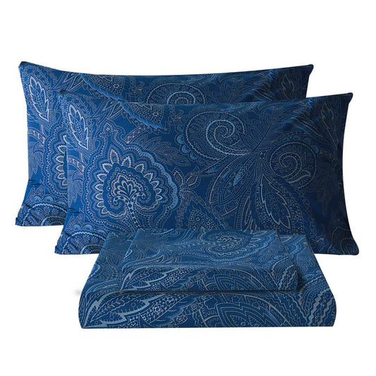 Bedlifes Queen Sheet Set Ultra Soft, Breathable, Silky Flower Deep Pocket 100% Microfiber Bedding, 4 Piece Queen Size Paisley Dark Navy Blue
