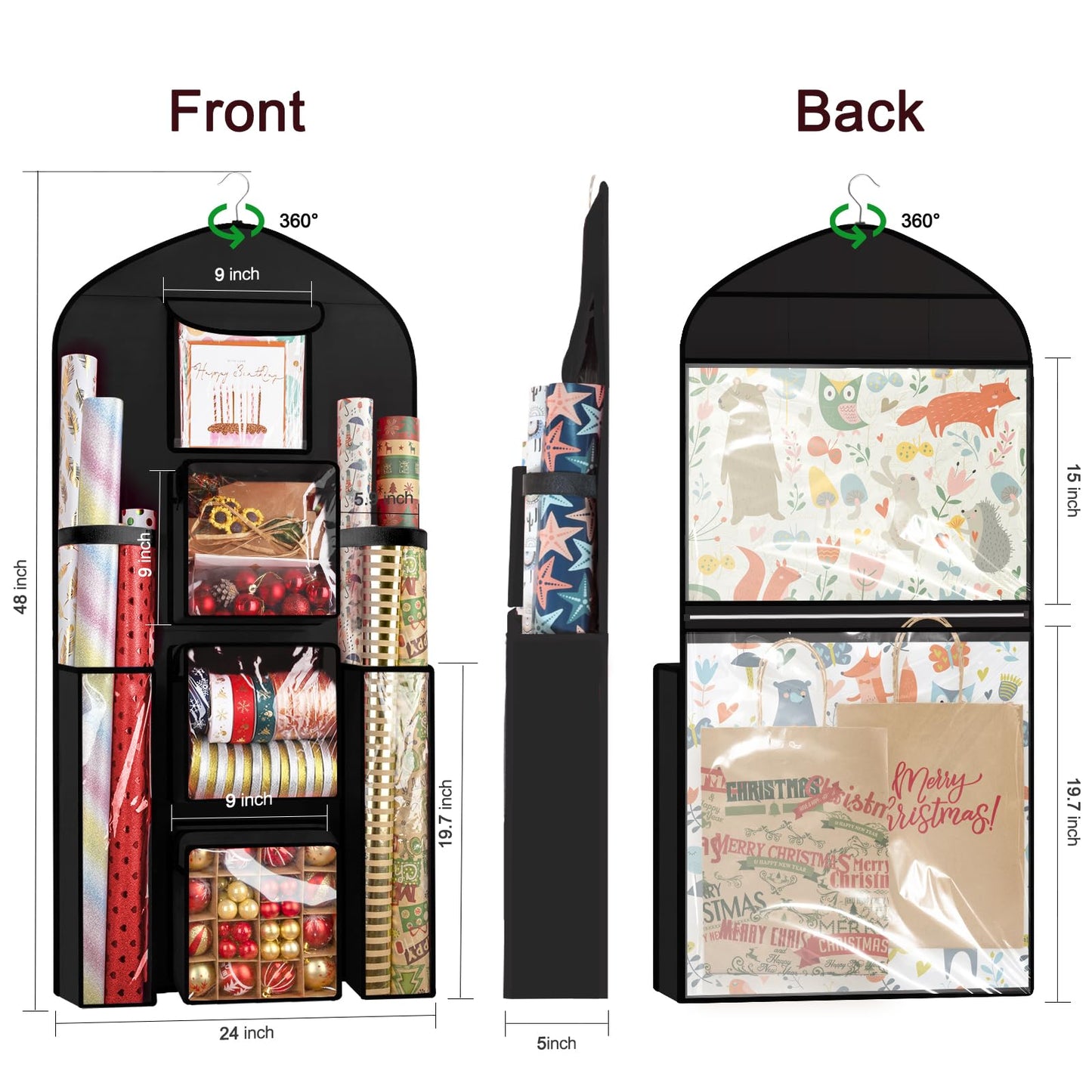 Woodoulogy Hanging Gift Wrapping Paper Storage, 48x24 (Extra Large) Black Double-Sided Christmas Wrapper Bag Container, Oxford Long Craft Roll Organizer, Present Wrap Holder for Closet, Door