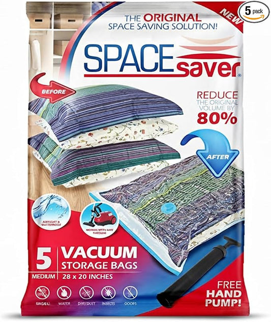 5 Pack Medium Vacuum Storage Bags for Comforters, Blankets & Clothes – Vacuum Sealed Compression Bags with Hand Pump – Space Saver Storage Bags for Bedding, Moving, Travel & Organization
