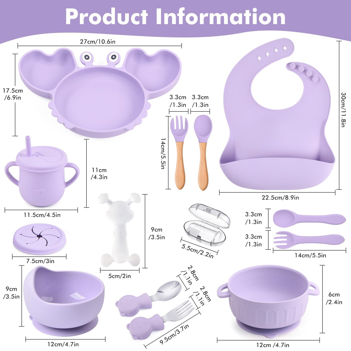 mraisebossup Silicone Baby Feeding Set 15 Pcs，Baby Spoons Suction Bowl Divided Plate Bib Cup Finger Brush Teething Teether Training cups,Baby Led Weaning Supplies（purple）