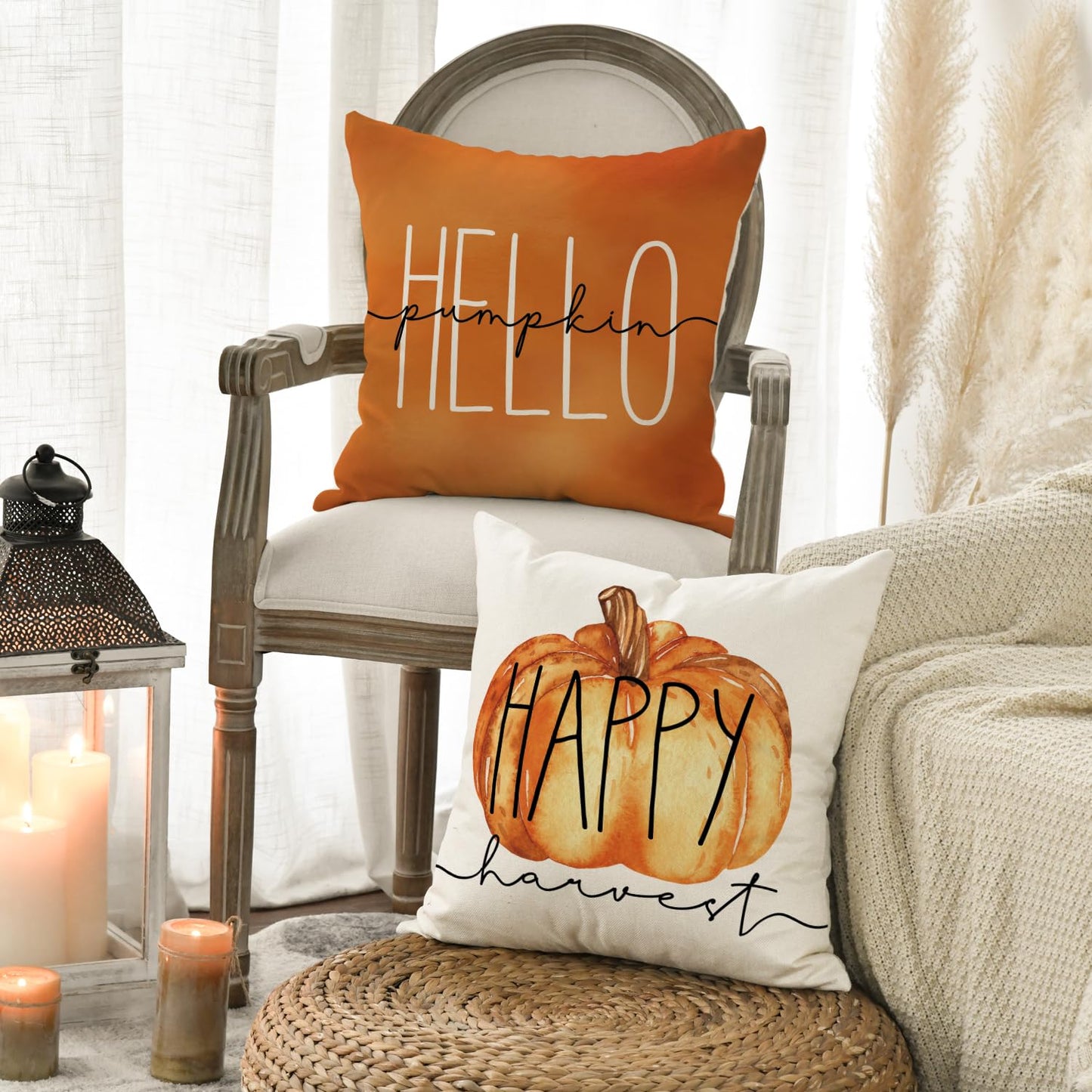 AVOIN colorlife Hello Pumpkin Fall Happy Harvest Maple Leaf Throw Pillow Covers, 20 x 20 Inch Pillows Autumn Seasonal Cushion Case for Sofa Couch Set of 4