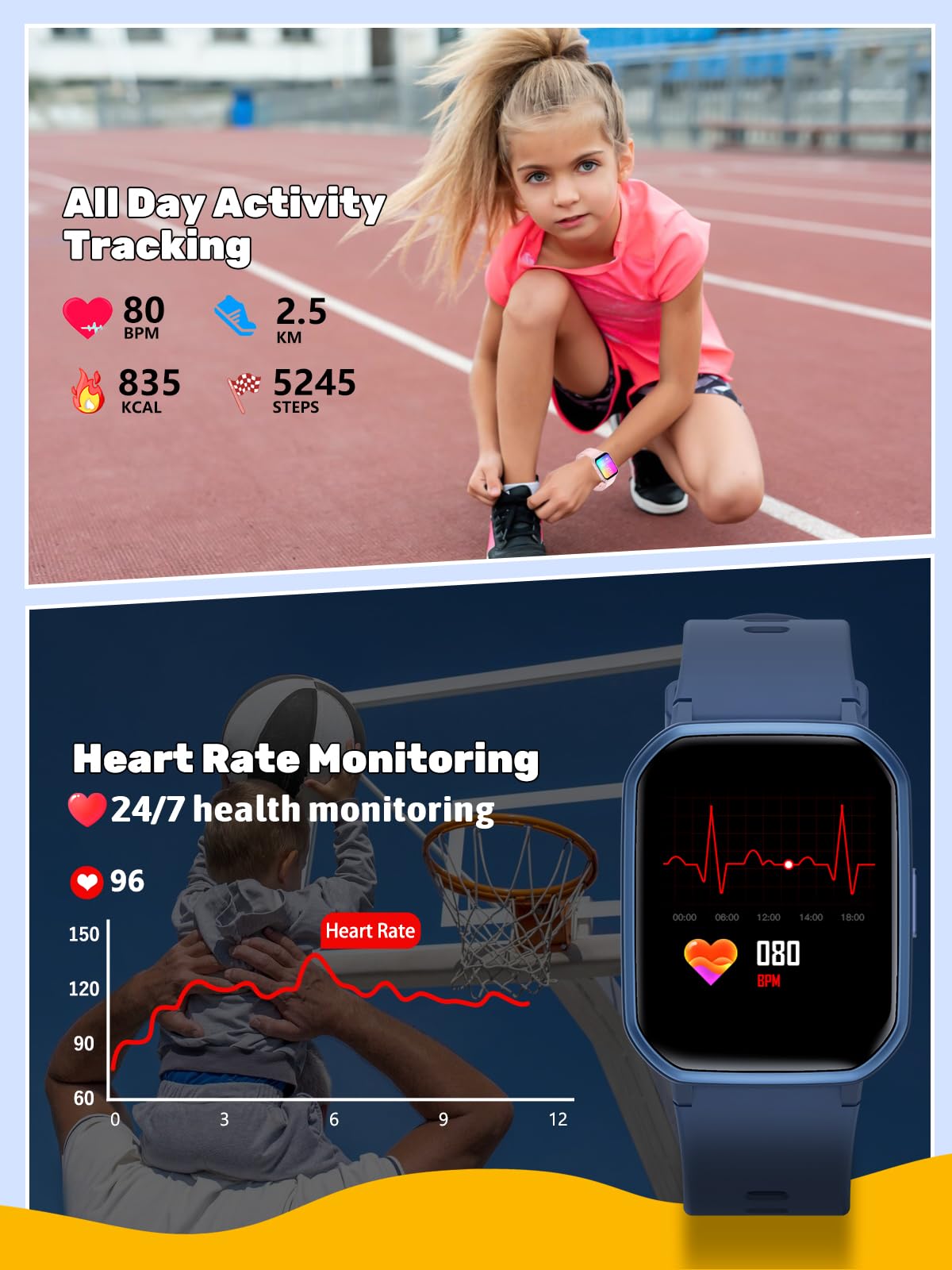 teslahero Kids Smart Watch for Boys Girls,Children Fitness Tracker with Heart Rate Sleep Monitor,Waterproof Activity Tracker Pedometer Step Counter for Android iPhone (Blue)