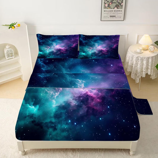 FUYEUN Blue Galaxy Sheet Set Twin: Space Bedding Set for Kids Teens Girls Boys Cloud Starry Sky Bedroom Bed - 1 Flat Sheet, 1 Fitted Sheet, 1 Pillowcase