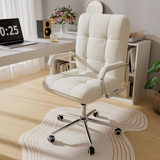 HomeZeer White Office Chair with Soft Leather, Swivel Computer Home Office Desk Chair with Wheels and Padded Arms, Adjustable Height and Tilt