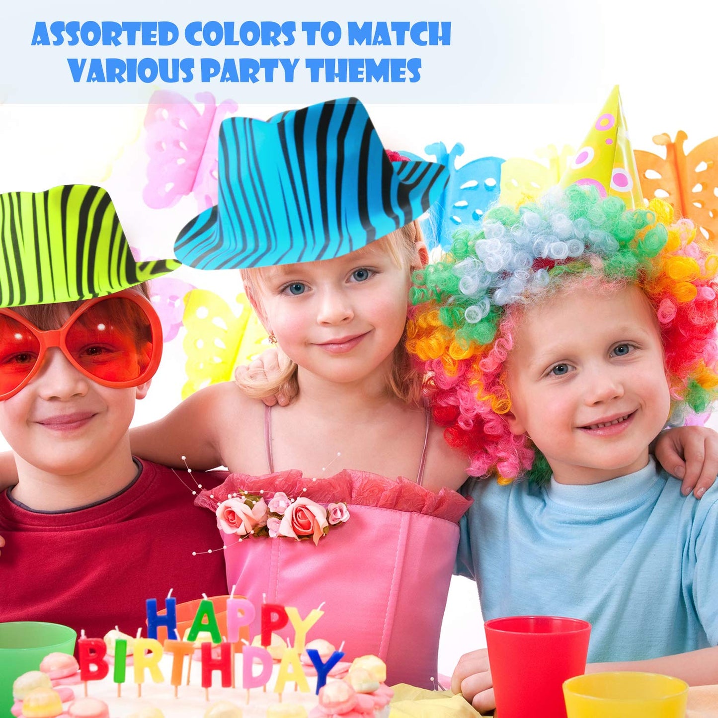 Novelty Place Neon Animal Print Plastic Party Hats, Fedora with Gangster Mafia Style, UV Blacklight Glow Party Stars Rave Hats for Kids and Teens in Birthday, Concerts, Music Party(Pack of 24)