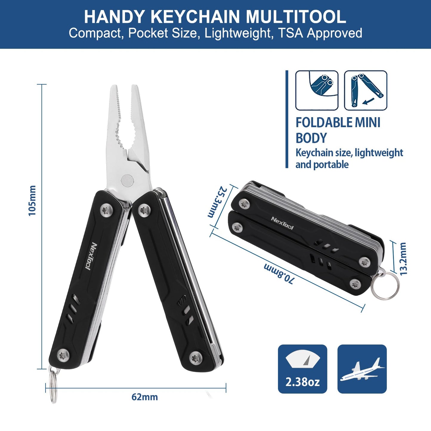 NexTool Mini Multitool - 9 in 1 Keychain Multitool with Needle Nose Pliers, Scissors, SIM Extractor and Screwdrivers for Travel, EDC, TSA Approved