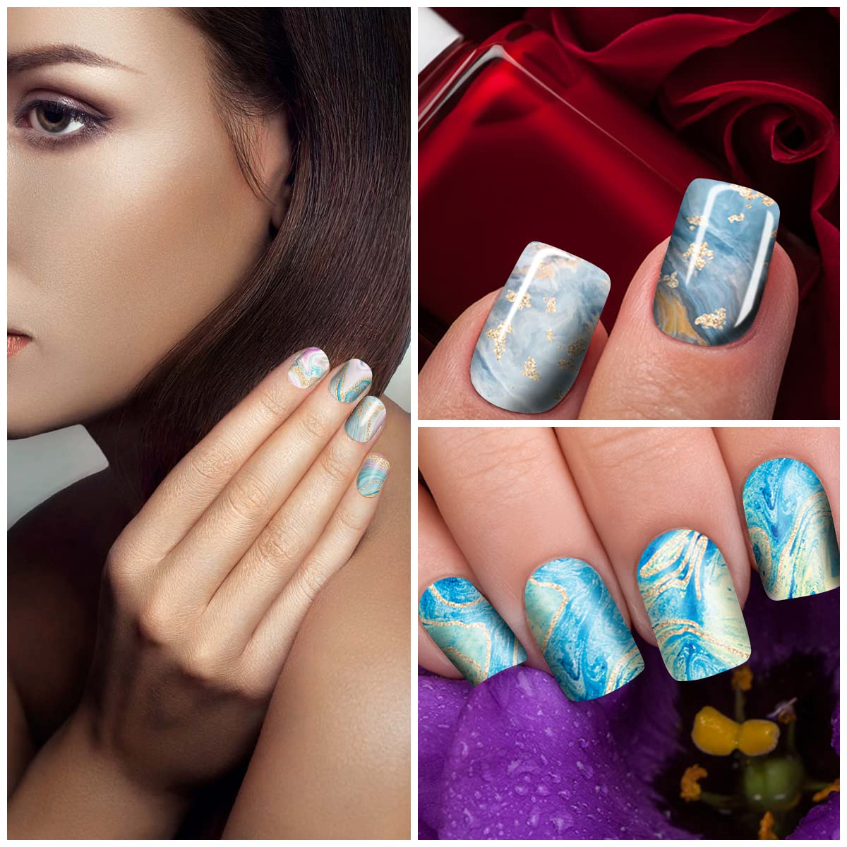 SILPECWEE 16 Sheets Nail Polish Stickers Full Nail Wraps Marble Nail Polish Strips Self Adhesive Gel Nail Strips Fingernails Sticker Nails for Women with 1pc File (Fancy Style)