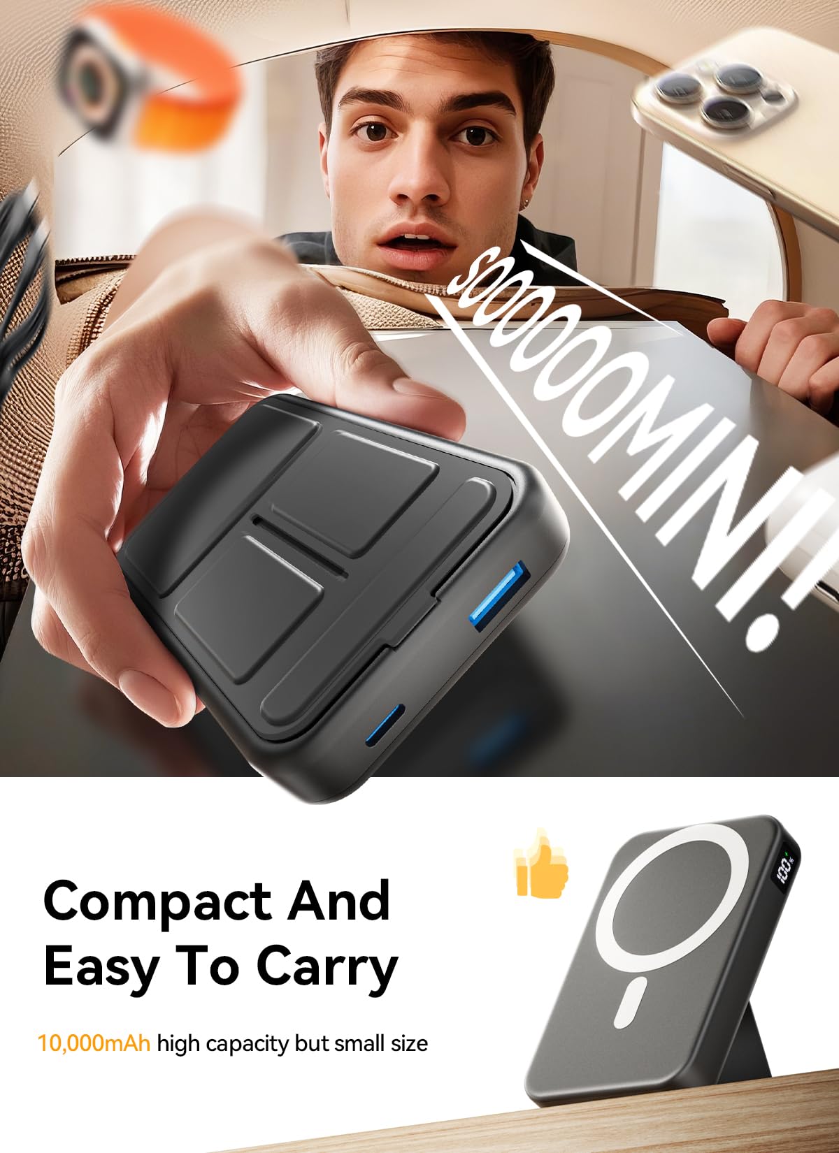 Gxorul Magnetic Portable Charger, 10000mAh Wireless Power Bank with 20W USB-C Fast Charging, Foldable Stand & LED Display Magnetic Battery Pack, Compatible with iPhone 16/15/14/13/12 All Series