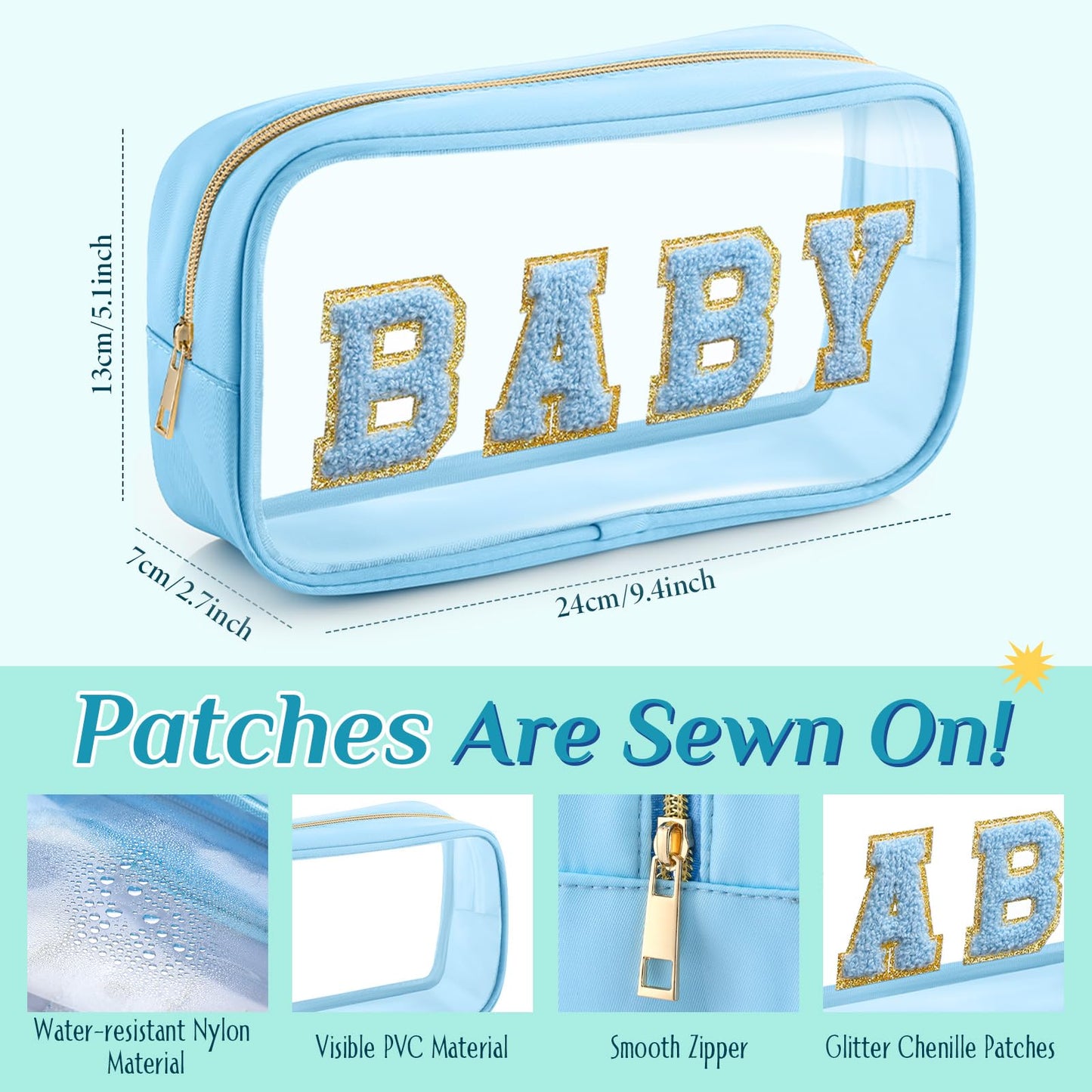 SilTriangle 4 Pcs Mama and Baby Toiletry Bag Clear Chenille Letter Pouch Snacks Makeup Stuff Travel Diaper Bag Preppy Transparent Pouch with Zipper for Women Gift(Fresh Color)