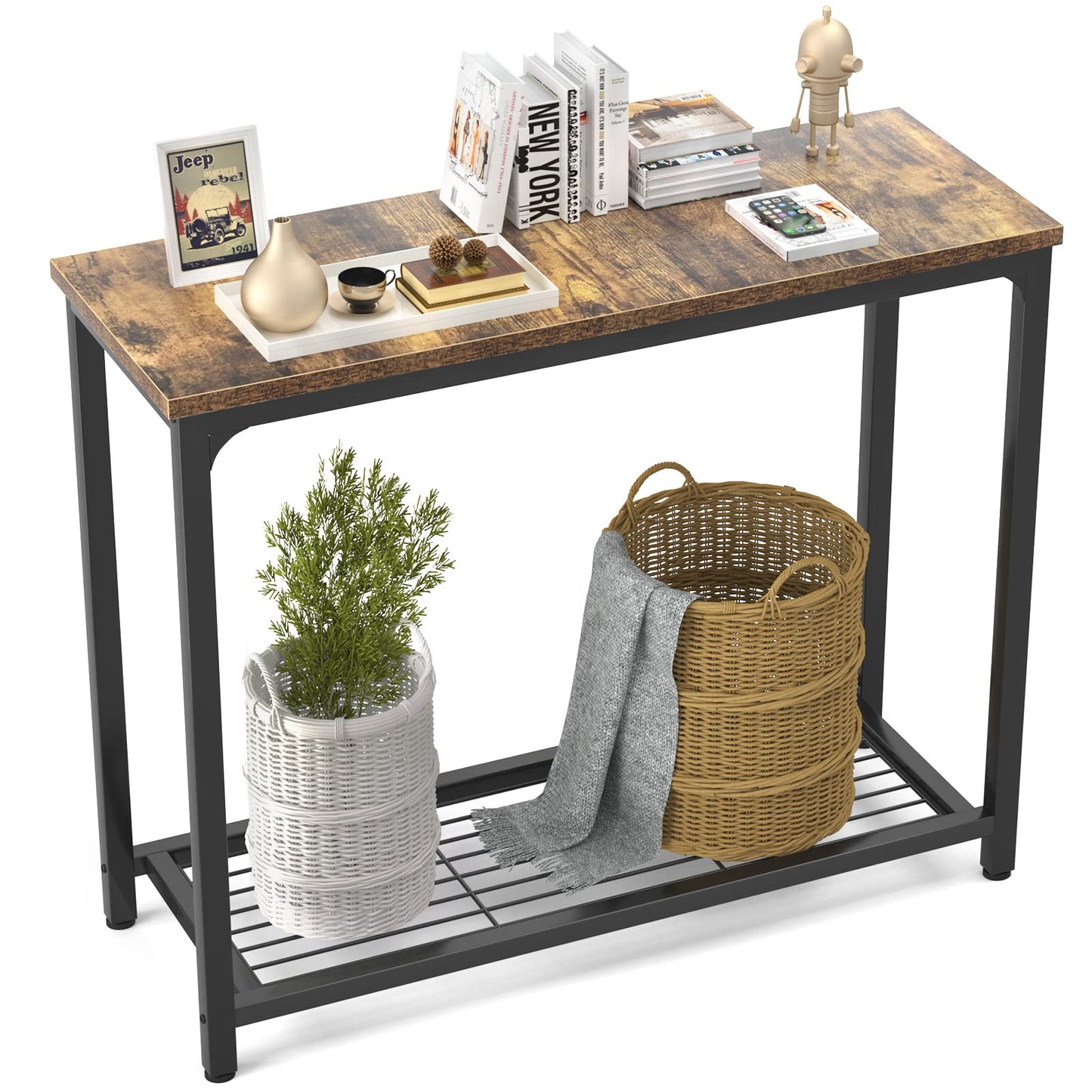 Ecoprsio Small Console Table Sofa Table with Mesh Shelves, 2 Tier Entryway Table Foyer Table for Entryway, Front Hall, Hallway, Sofa, Couch, Living Room, Bar, Kitchen, 32 Inch, Rustic Brown