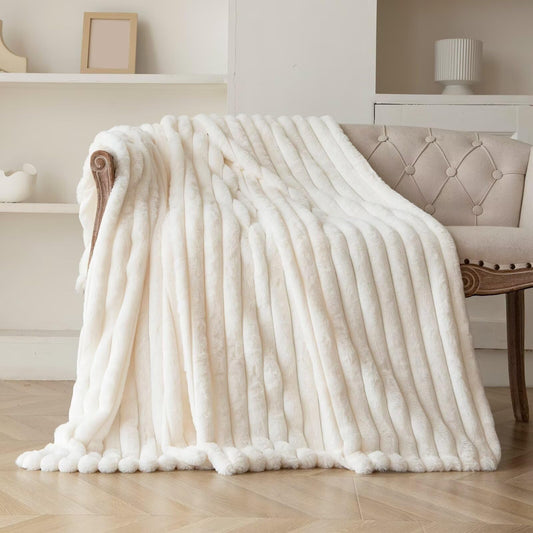 DANSICUINI Cream White Faux Fur Throw Blanket for Couch, Fuzzy Cozy Soft Warm Plush Striped Throw Blanket, Christmas Decorative Fluffy Winter Blanket for Sofa Bed Living Room Home Decor, 50"x60"