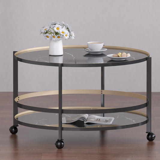 DYZAIMAX Round Coffee Table with Wheels & 2-Tier Design Black Marble-Textured Top, Sturdy Metal Frame & Premium Baked Paint Finish for Living Room, Balcony, Home - Easy Assembly - 31.5"x19.7"