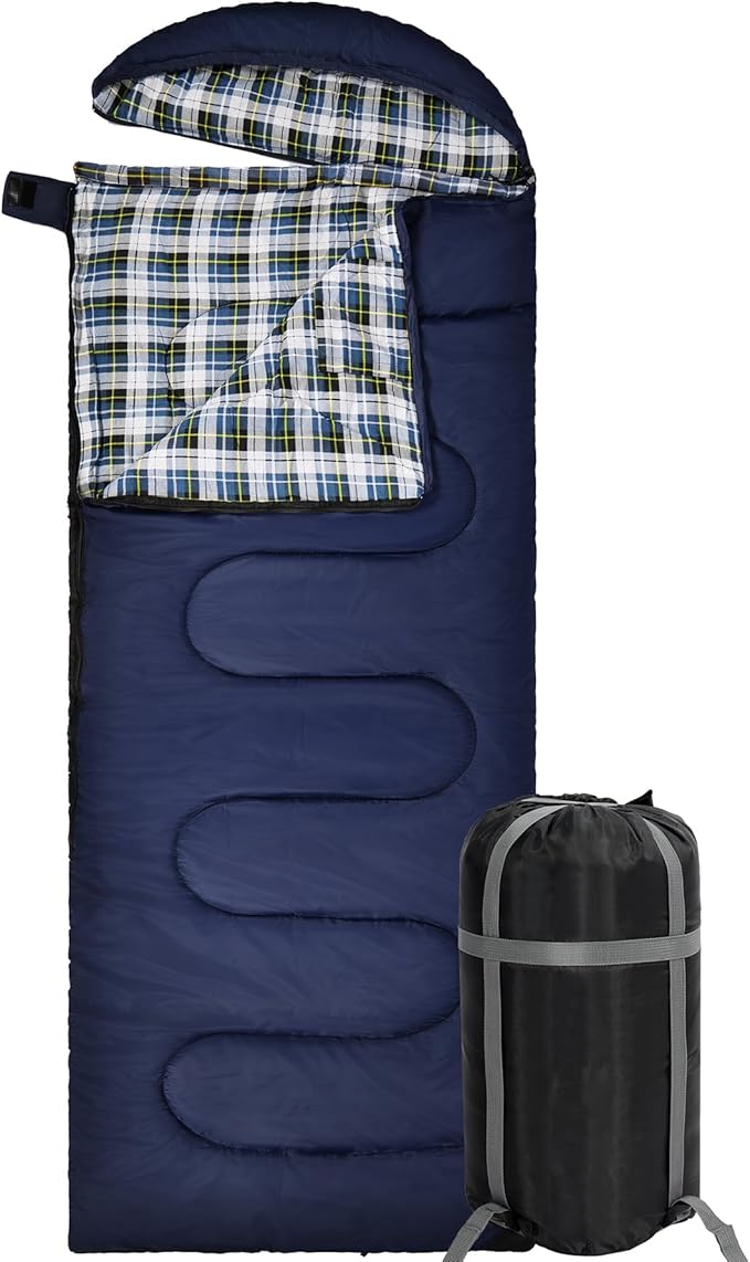 REDCAMP Flannel Sleeping Bag for Adults, Comfortable Cotton Sleeping Bags for Camping with Detachable Hood, Red/Grey/Blue
