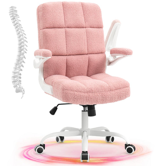 SEATZONE Home Office Chair Ergonomic Executive Desk Chair Faux Fur Comfortable Computer Chair with Flip-up Arms with Lumbar Support,Pink