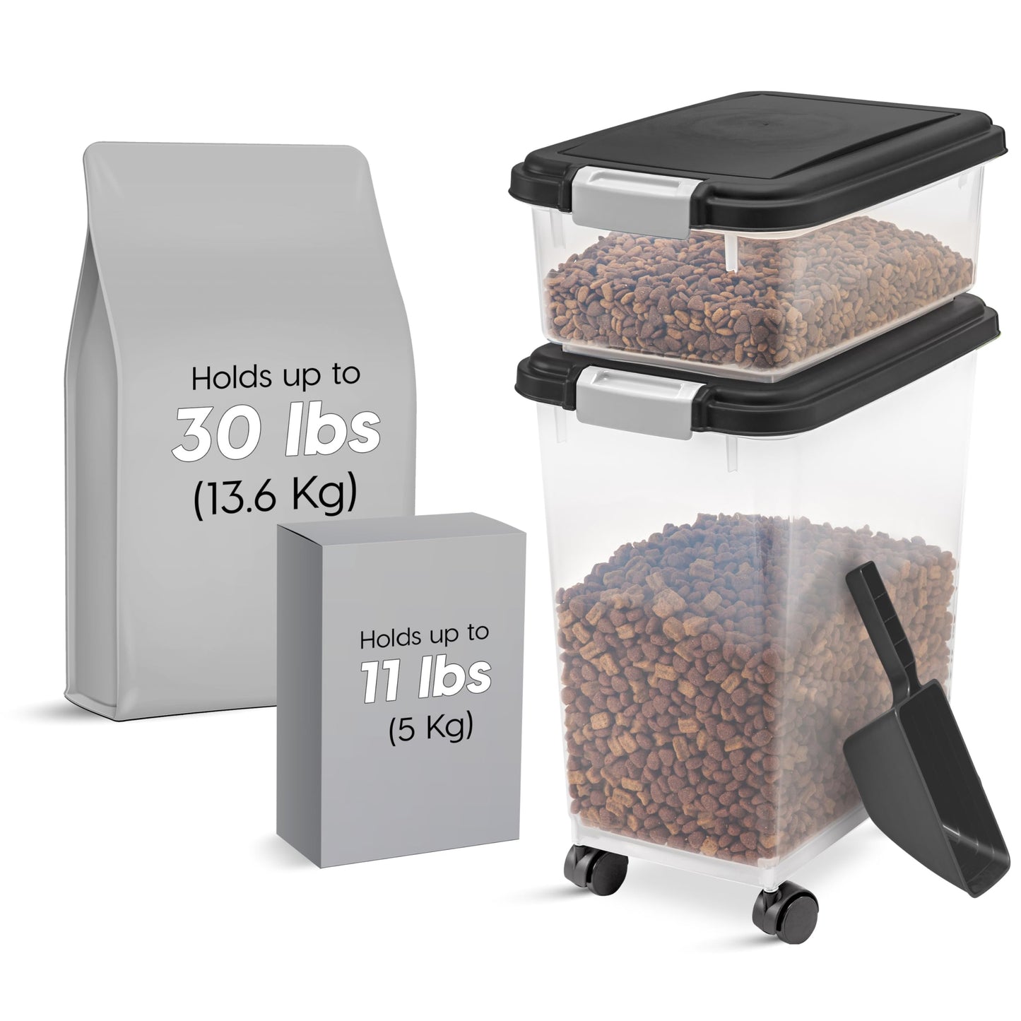 IRIS USA Dog Food Storage Container, 30 lbs & 11 lbs Combo, Cat Food Storage Container, Dog Treat Container, Airtight, Stackable, 2-Cup Scoop, Wheels, Easy Mobility, Black