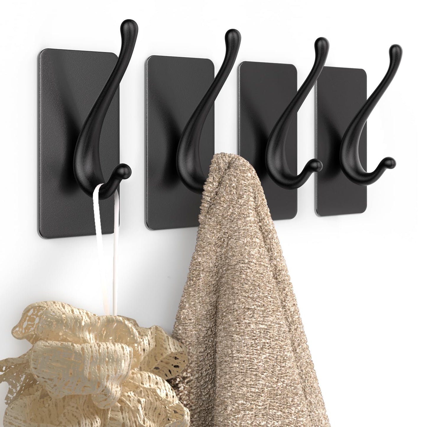 JCHOUS Towel Hooks, Solid Alloy Adhesive Wall Hooks for Hanging, Towel Hooks for Bathroom, RV, Kitchen, Closets, etc (Black, 4 Pack)