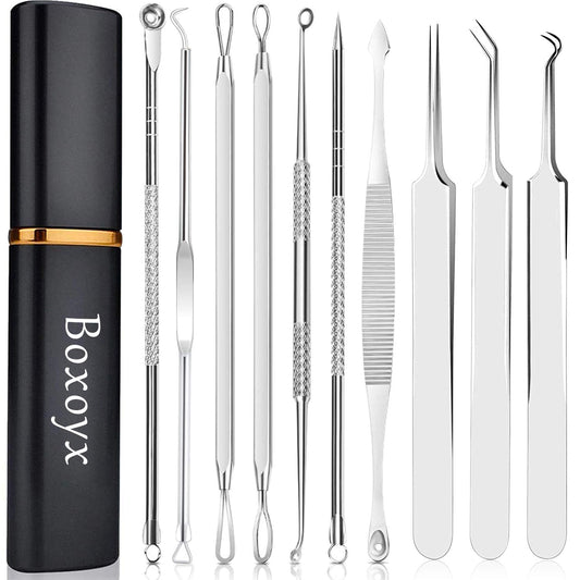 Pimple Popper Tool Kit - Boxoyx 10 Pcs Blackhead Remover Comedone Extractor Kit with Metal Case for Quick and Easy Removal of Pimples, Blackheads, Zit Removing, Forehead,Facial and Nose(Silver)