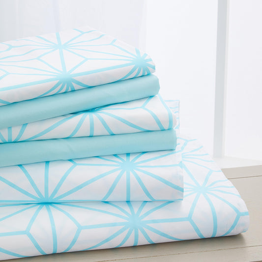 Elegant Comfort Luxury Soft 6-Piece Cube Geometric Pattern Sheet Set - 1500 Premium Quality Microfiber - Wrinkle and Fade Resistant Coziest Bedding Set, All around Elastic Fitted Sheet, King, Aqua