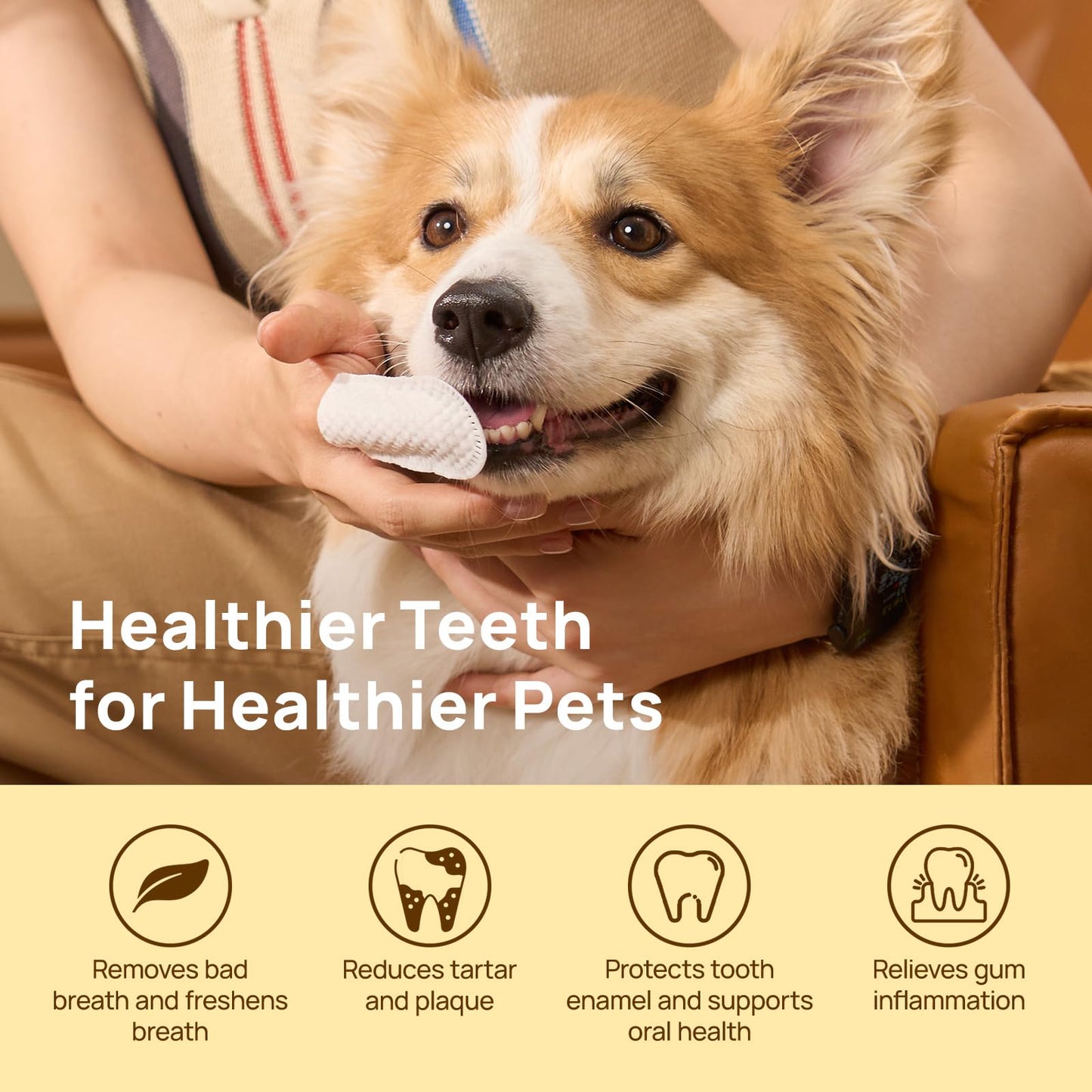 HICC PET Teeth Cleaning Wipes for Dogs & Cats, Remove Bad Breath by Removing Plaque and Tartar Buildup No-Rinse Dog Finger Toothbrush, Disposable Gentle Cleaning & Gum Care Pet Wipes, 50 Counts