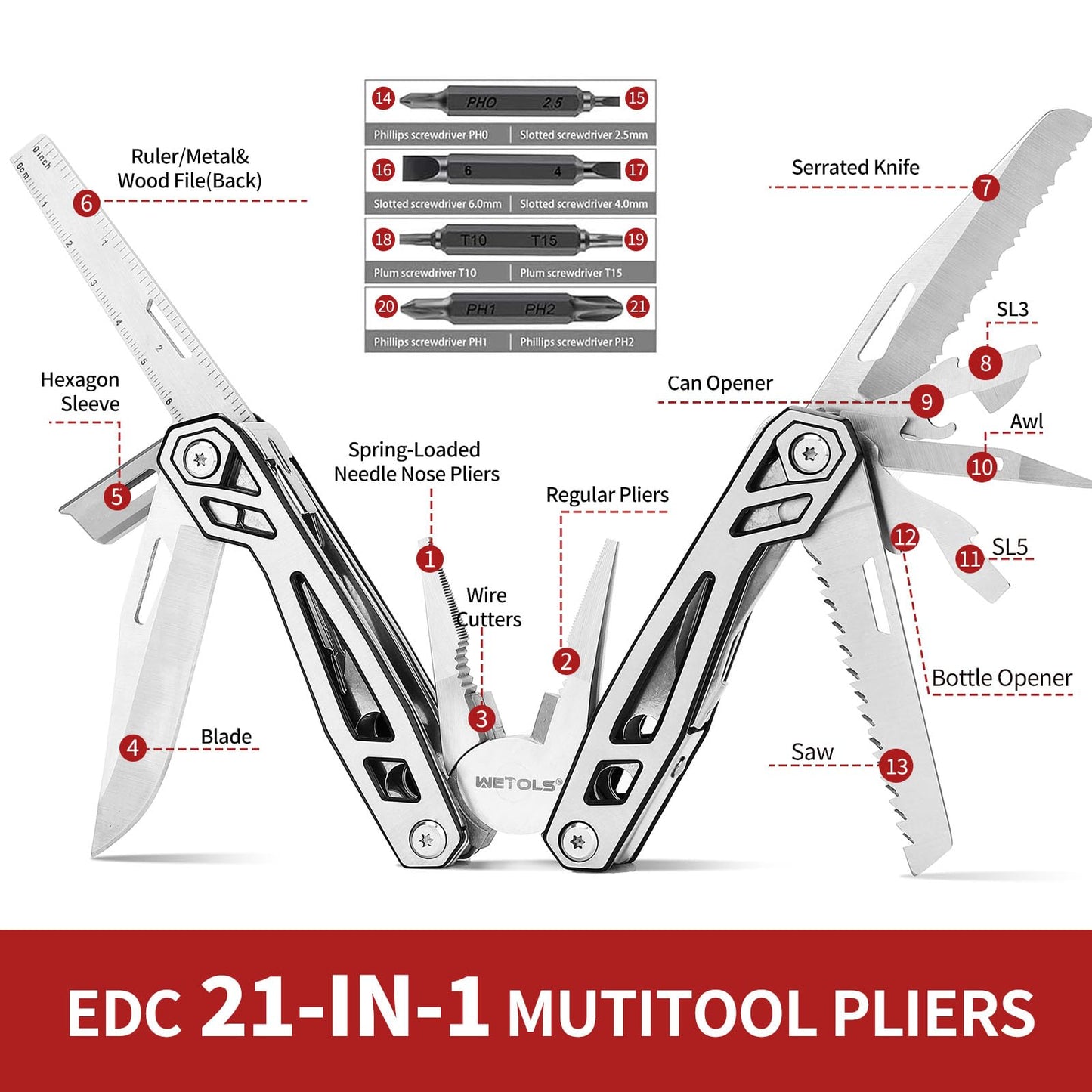 WETOLS Multitool with Pocket Knife, Birthday Gifts for Men Women Mom Dad, 21-in-1 Stainless Steel Pliers with Screwdrivers, Self-locking Multi tools with EDC Sheath, Ideal for Home, Camping, Survival