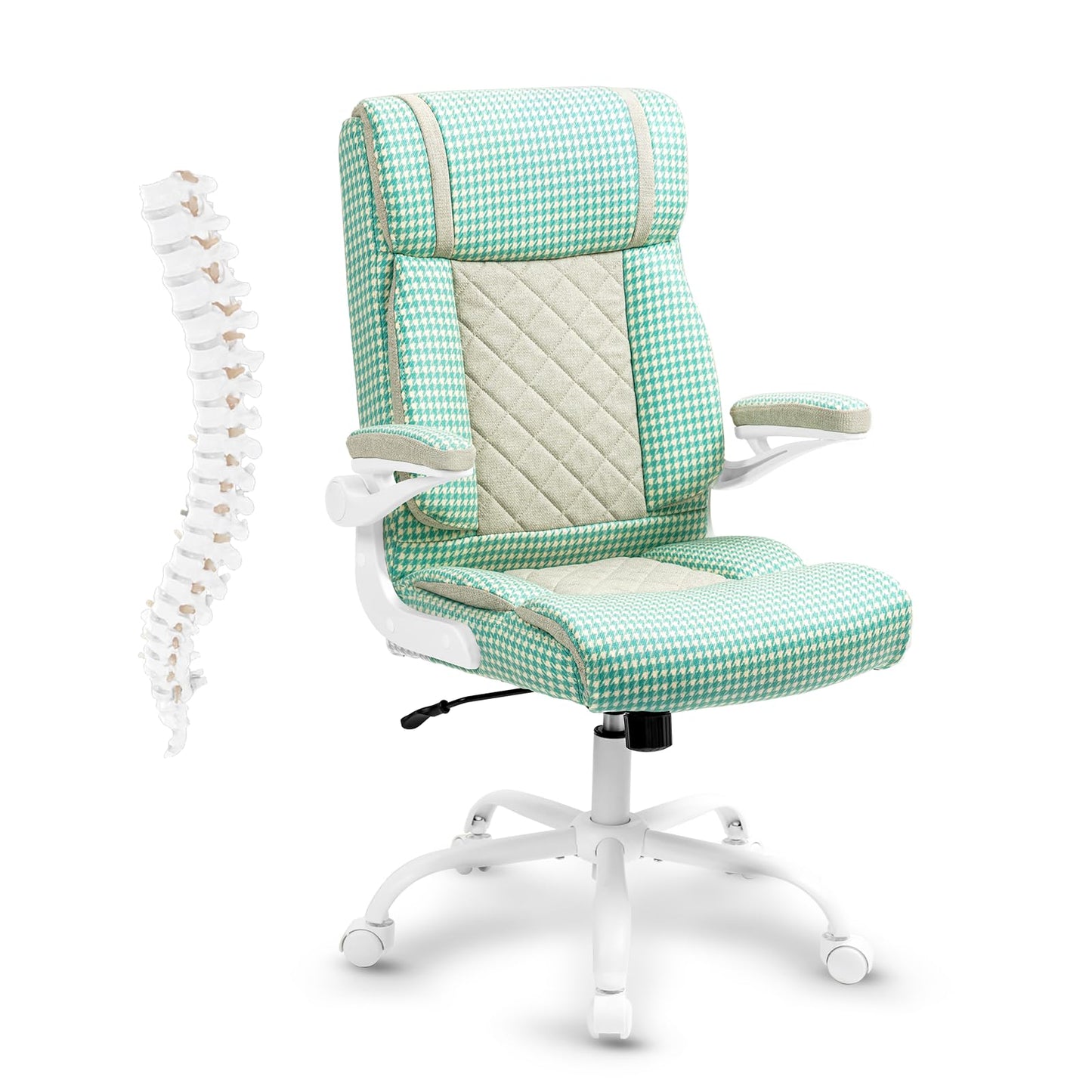YAMASORO Office Executive Chair High Back Home Desk Chair with Flip-up Armrest,Fabric Swivel Rolling Computer Chair with Lumbar Support,Turquoise