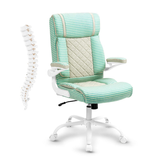YAMASORO Office Executive Chair High Back Home Desk Chair with Flip-up Armrest,Fabric Swivel Rolling Computer Chair with Lumbar Support,Turquoise