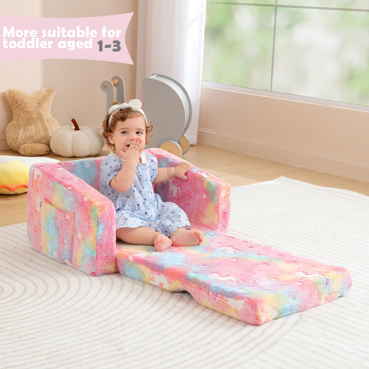 Kisdsa Kids Couch Fold Out, Foldable Toddler Couch with Blanket, Kids Sofa for Girls & Boys, Flip Out Toddler Chair, Convertible Sofa to Lounger for Children Age 1-3 (Glow Pink)