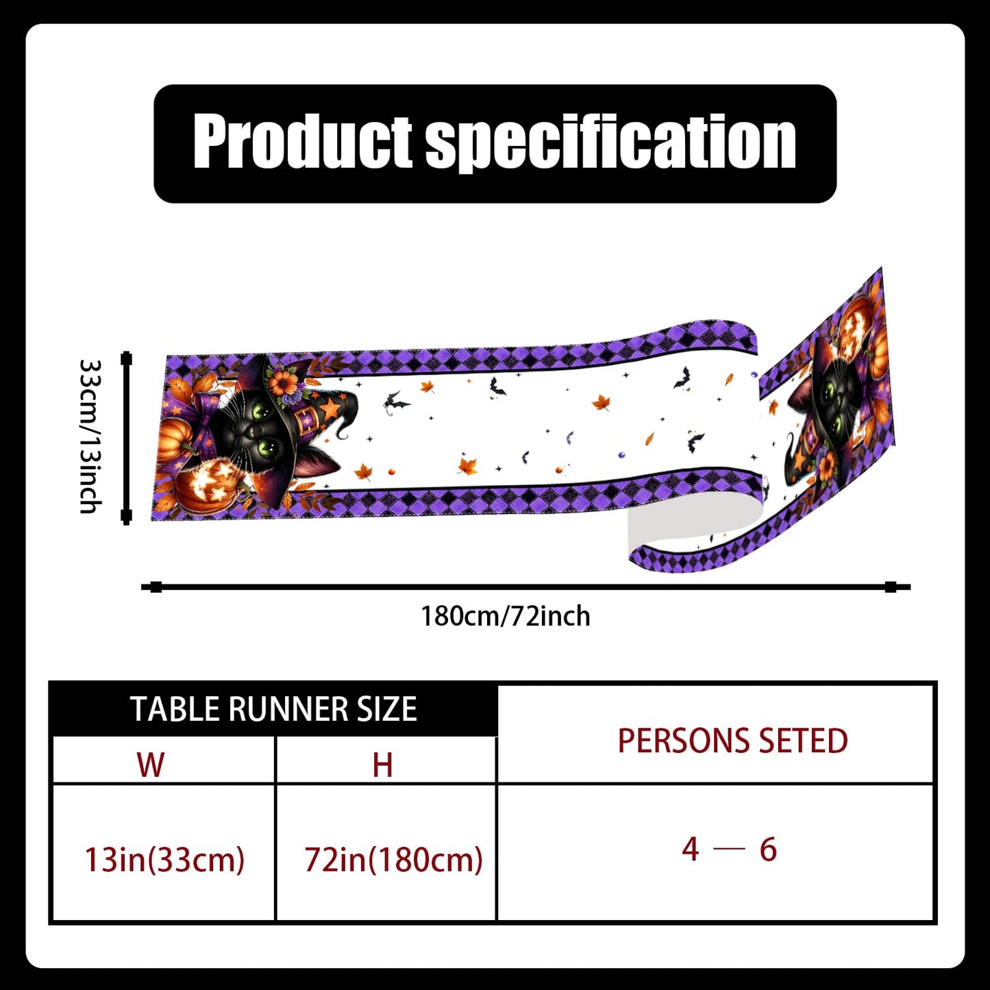 Pumpkins Bats Black Cat Halloween Table Runner 72 Inch Seasonal Fall Kitchen Dining Table Decorations for Home Party Decor