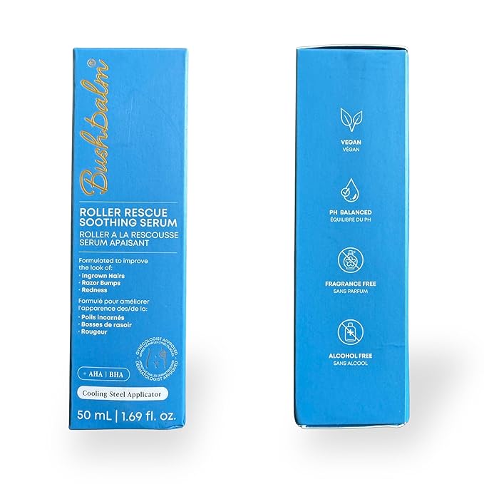 Bushbalm Ingrown Hair Roller Rescue And Nude Oil Bundle - Includes AHA & BHA - Exfoliating, Soothing, Cooling for Intimate Areas, Underarms - Helps With Razor Bumps and Ingrown Hairs, Blue (Bundle)